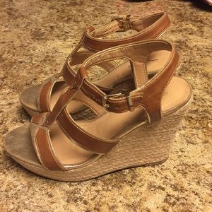 Brown/gold leather wedges size 9.5